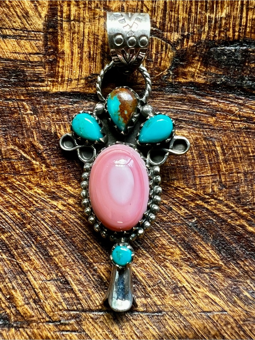 925 Sterling Silver Pink Conch Kingman Turquoise Squash Blossom Pendant